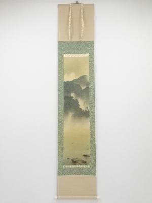 昭和丁卯（1927）年　明田草汀筆　嵐峡　肉筆絹本掛軸（共箱）